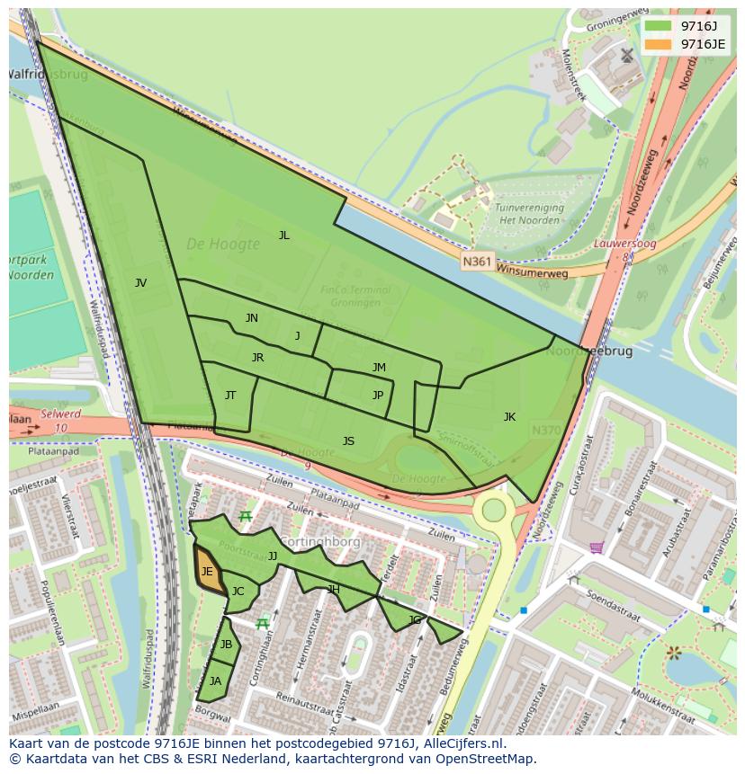 Afbeelding van het postcodegebied 9716 JE op de kaart.