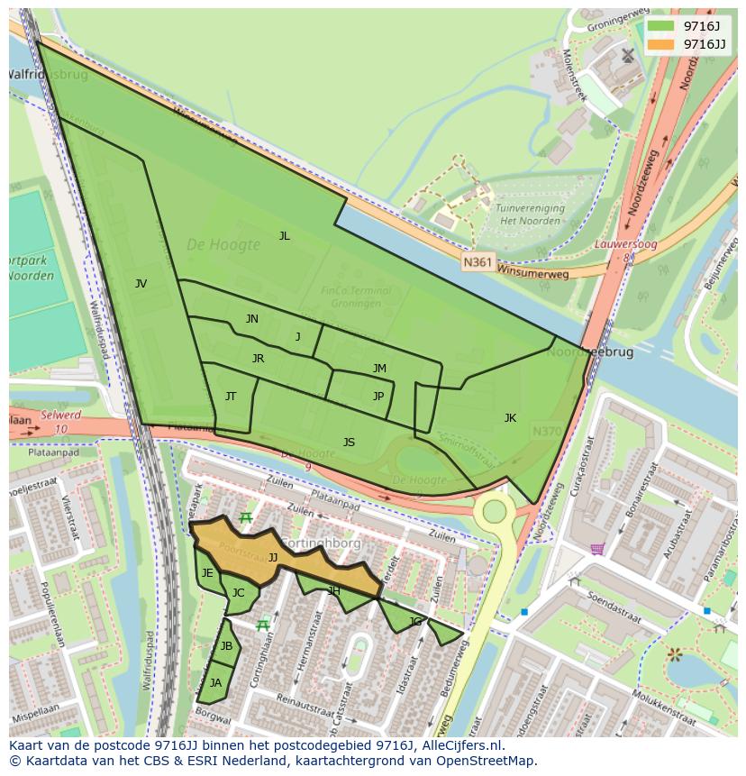 Afbeelding van het postcodegebied 9716 JJ op de kaart.