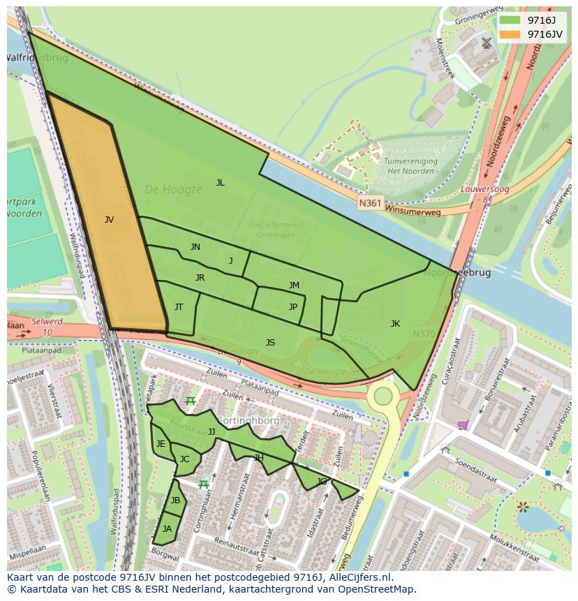Afbeelding van het postcodegebied 9716 JV op de kaart.