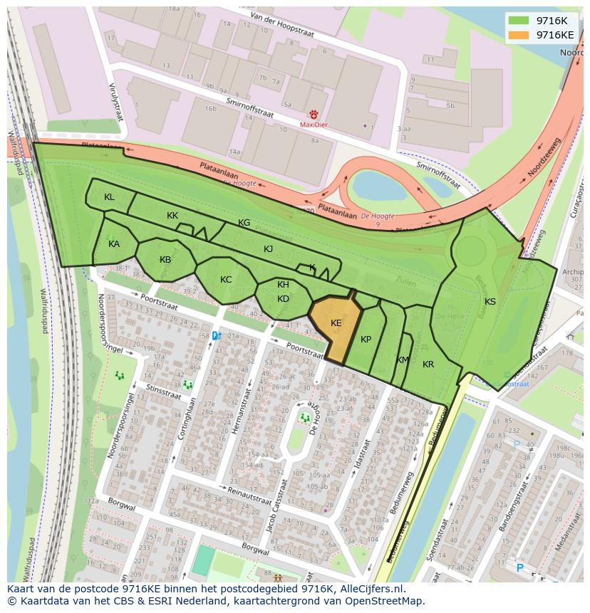 Afbeelding van het postcodegebied 9716 KE op de kaart.