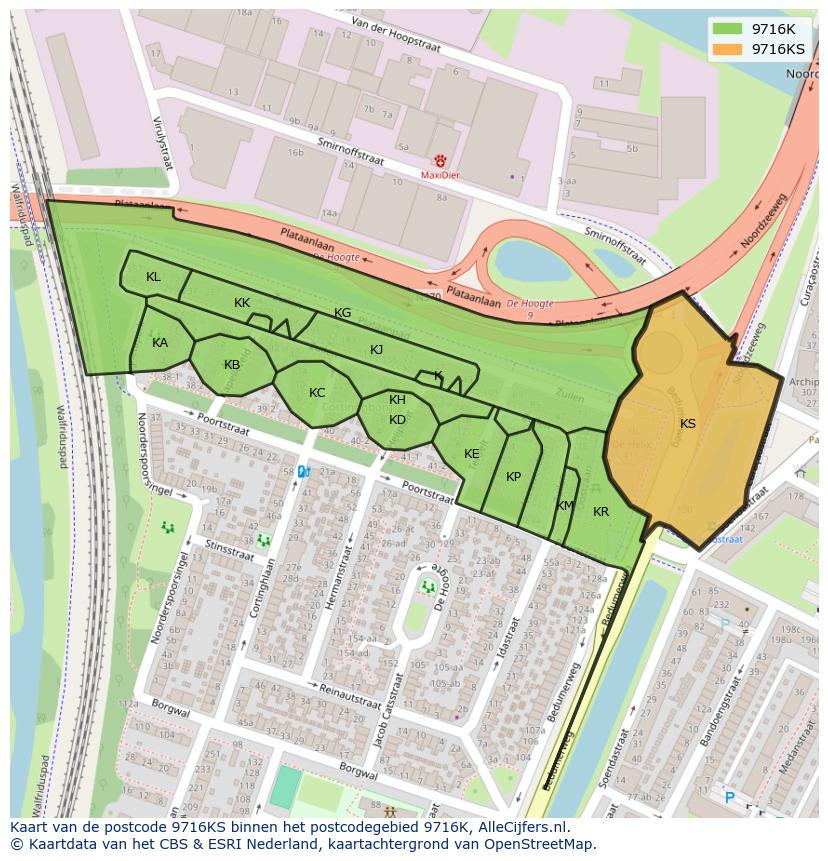 Afbeelding van het postcodegebied 9716 KS op de kaart.