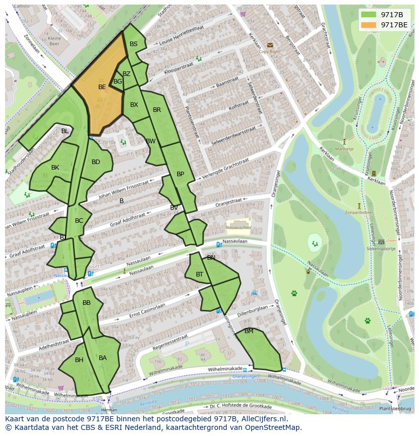 Afbeelding van het postcodegebied 9717 BE op de kaart.