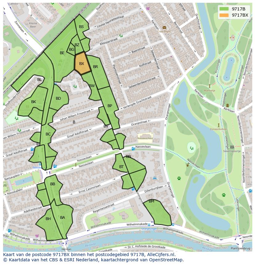 Afbeelding van het postcodegebied 9717 BX op de kaart.