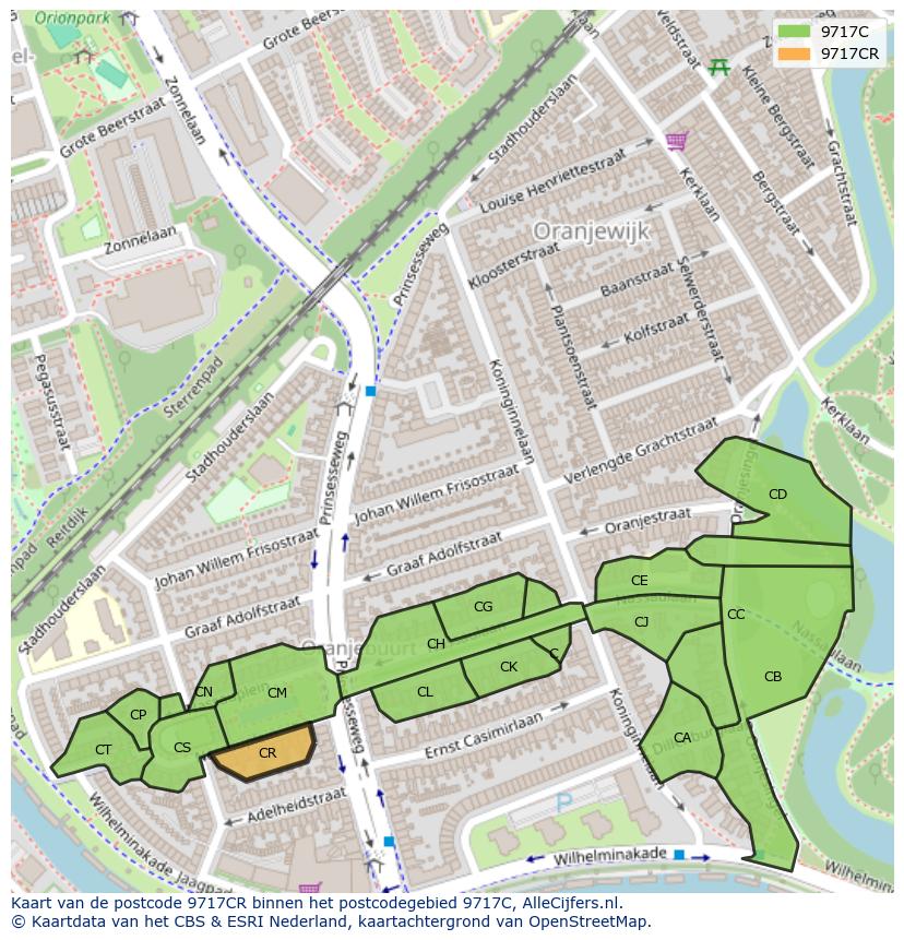 Afbeelding van het postcodegebied 9717 CR op de kaart.