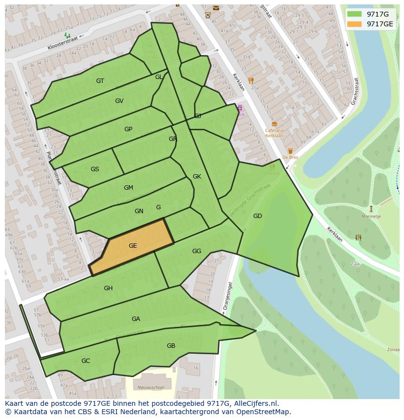 Afbeelding van het postcodegebied 9717 GE op de kaart.
