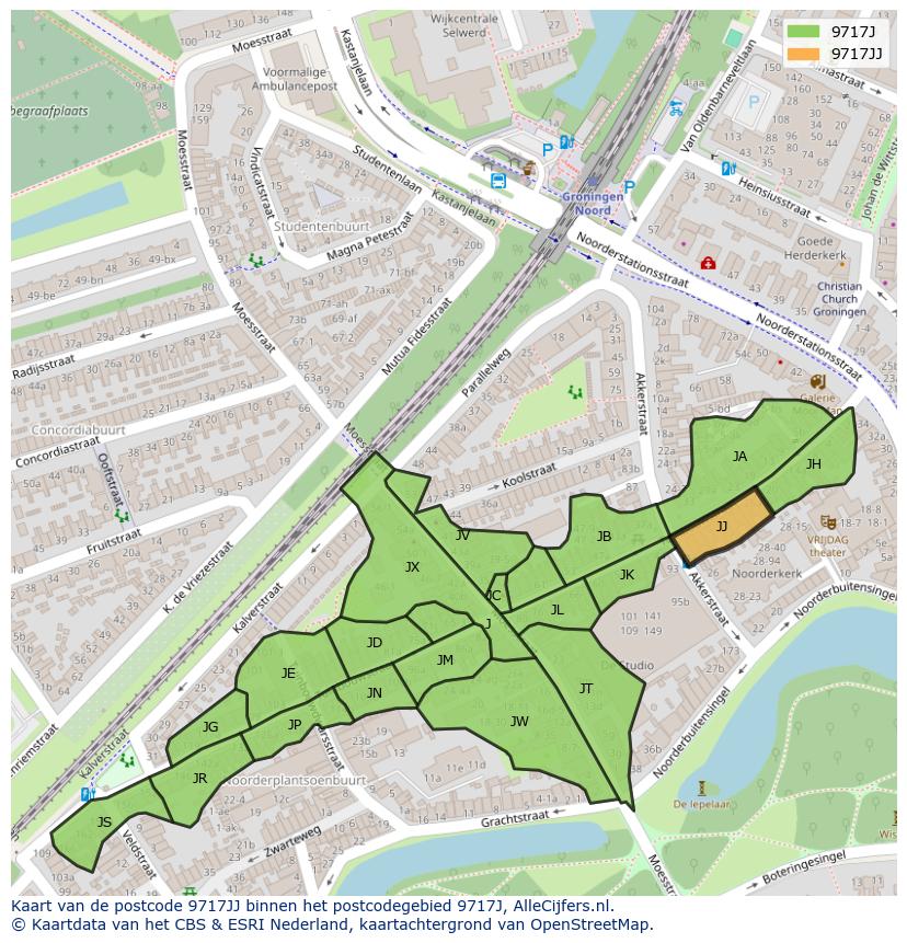 Afbeelding van het postcodegebied 9717 JJ op de kaart.