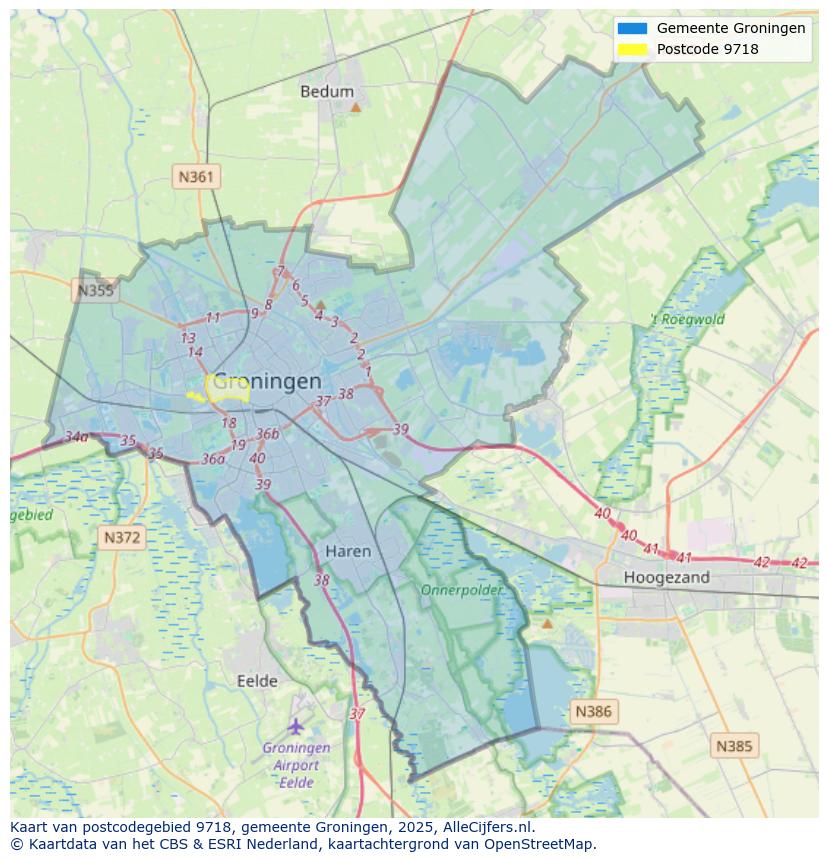 Afbeelding van het postcodegebied 9718 op de kaart.