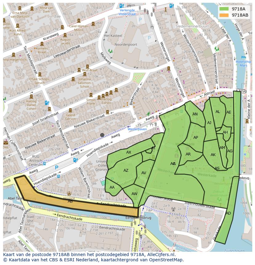 Afbeelding van het postcodegebied 9718 AB op de kaart.