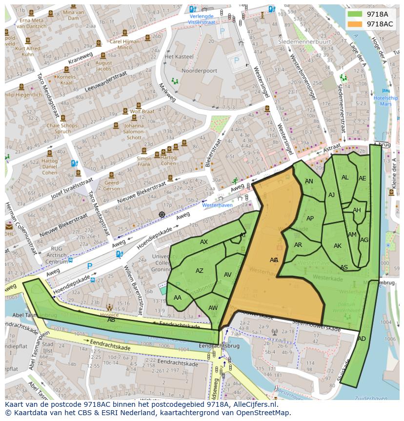 Afbeelding van het postcodegebied 9718 AC op de kaart.