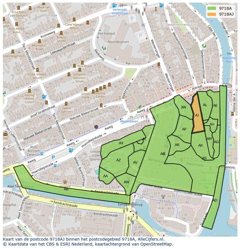 Afbeelding van het postcodegebied 9718 AJ op de kaart.