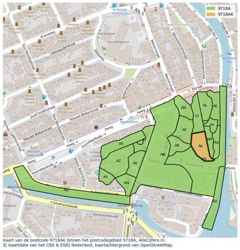 Afbeelding van het postcodegebied 9718 AK op de kaart.