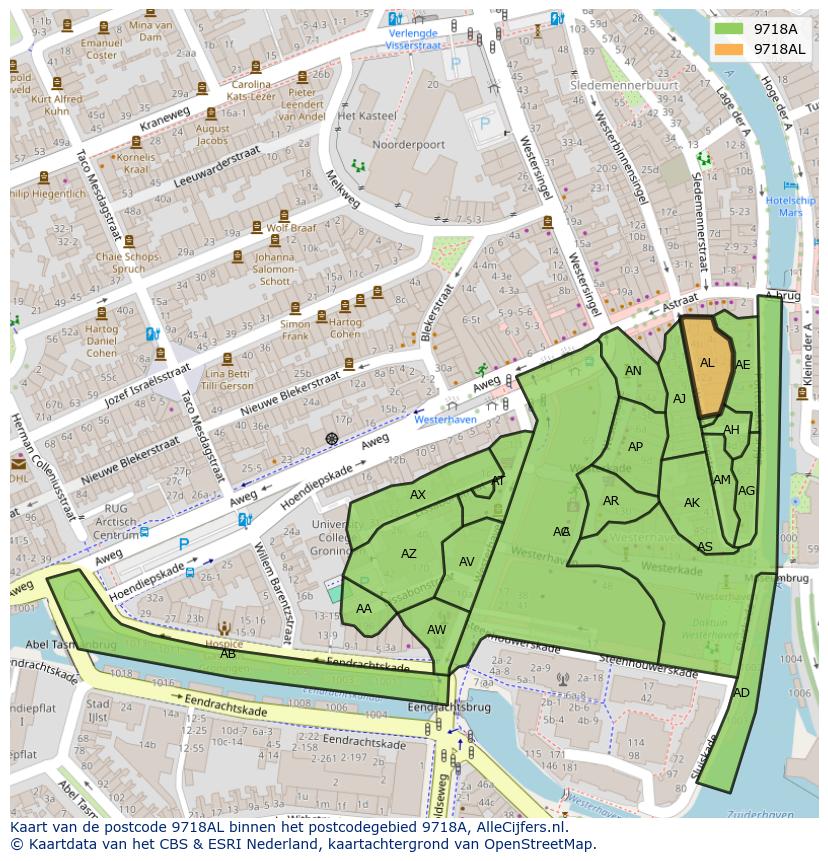Afbeelding van het postcodegebied 9718 AL op de kaart.