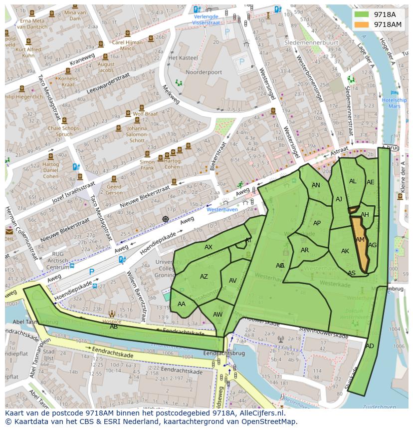 Afbeelding van het postcodegebied 9718 AM op de kaart.