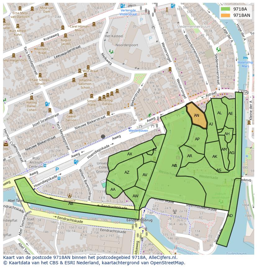 Afbeelding van het postcodegebied 9718 AN op de kaart.