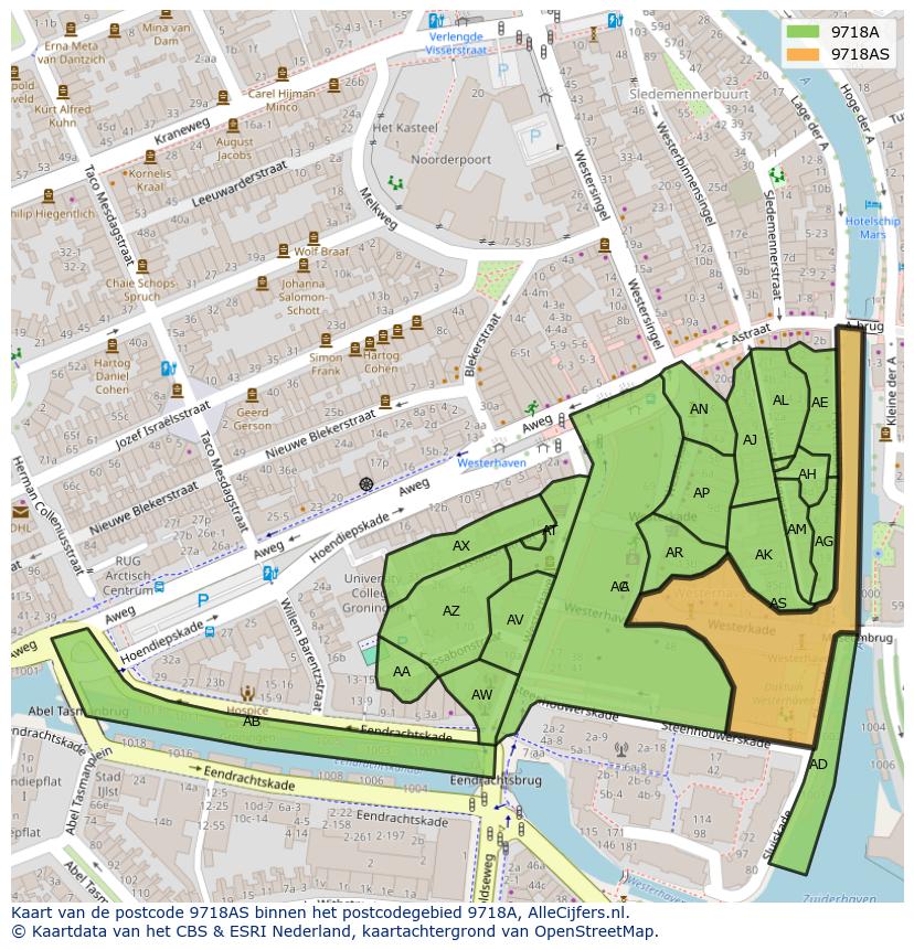 Afbeelding van het postcodegebied 9718 AS op de kaart.