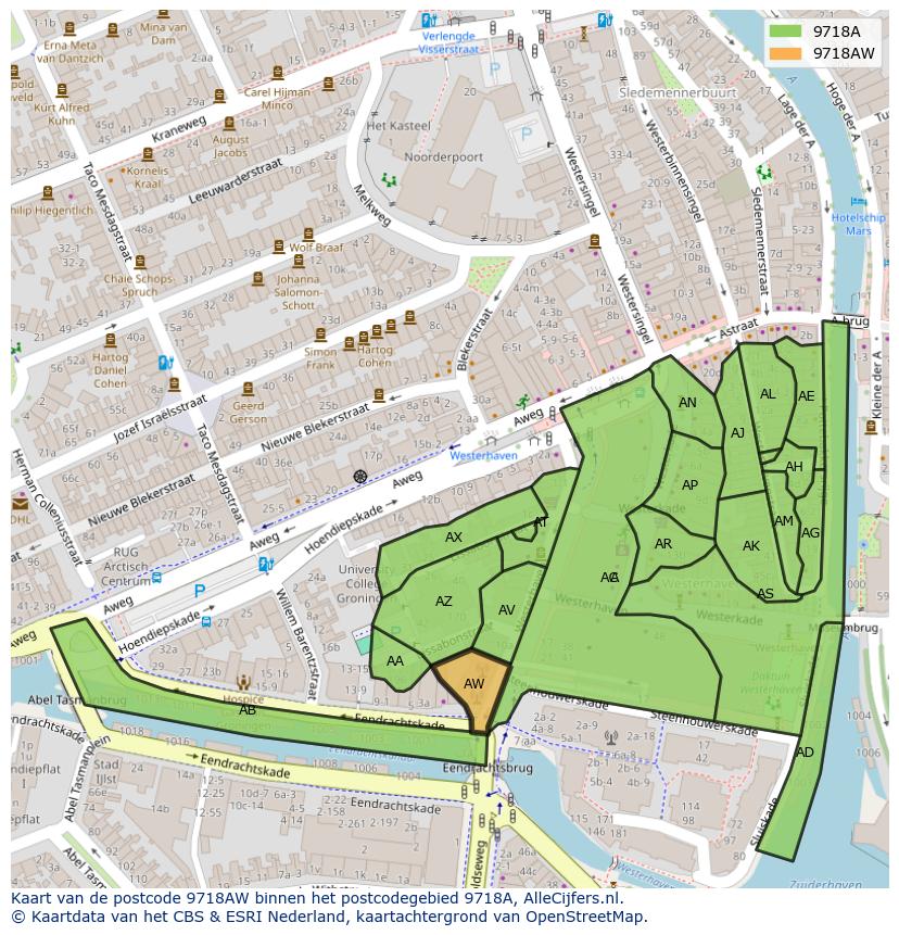 Afbeelding van het postcodegebied 9718 AW op de kaart.