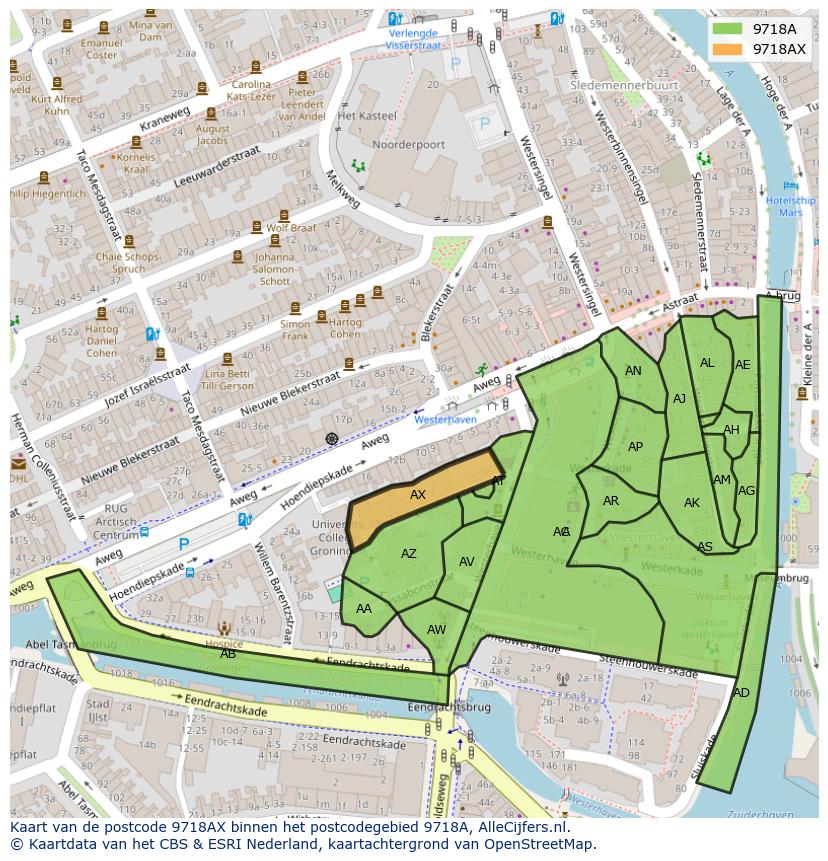 Afbeelding van het postcodegebied 9718 AX op de kaart.