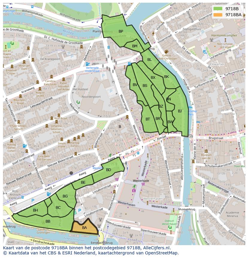 Afbeelding van het postcodegebied 9718 BA op de kaart.