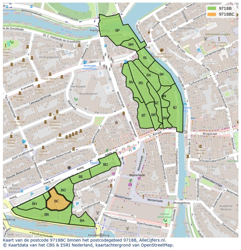 Afbeelding van het postcodegebied 9718 BC op de kaart.