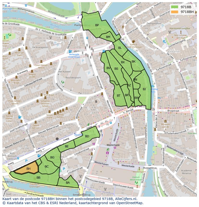 Afbeelding van het postcodegebied 9718 BH op de kaart.
