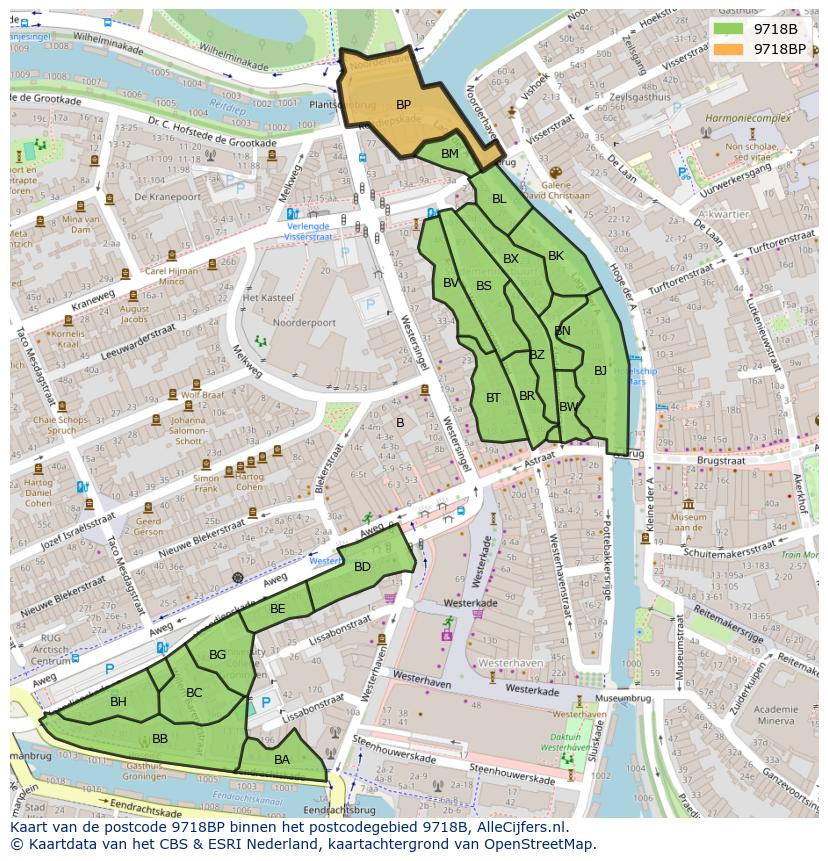 Afbeelding van het postcodegebied 9718 BP op de kaart.