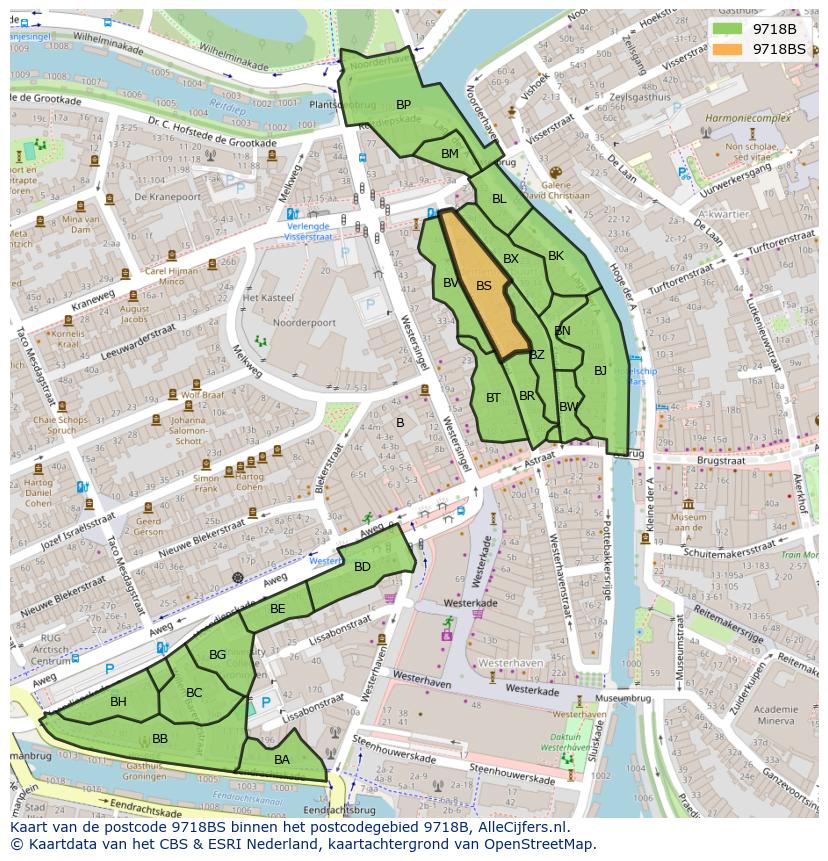 Afbeelding van het postcodegebied 9718 BS op de kaart.