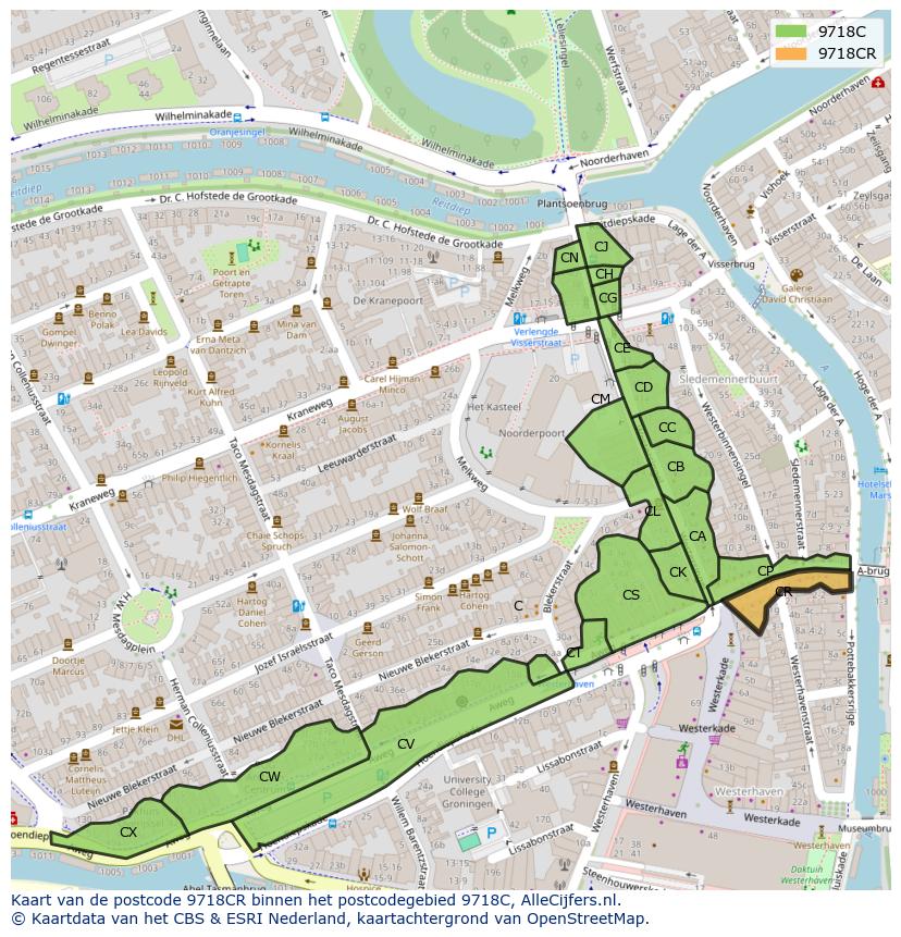 Afbeelding van het postcodegebied 9718 CR op de kaart.
