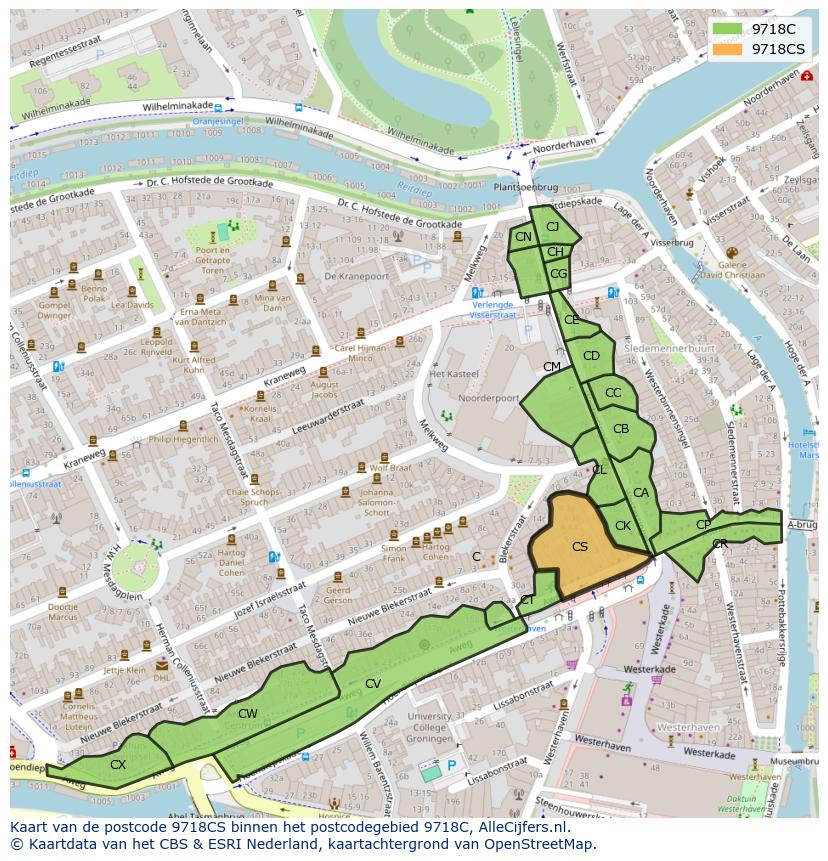 Afbeelding van het postcodegebied 9718 CS op de kaart.