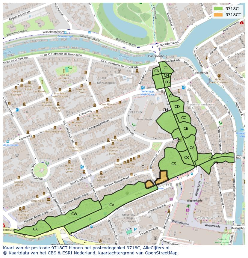 Afbeelding van het postcodegebied 9718 CT op de kaart.