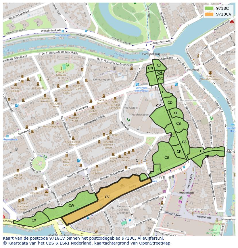 Afbeelding van het postcodegebied 9718 CV op de kaart.
