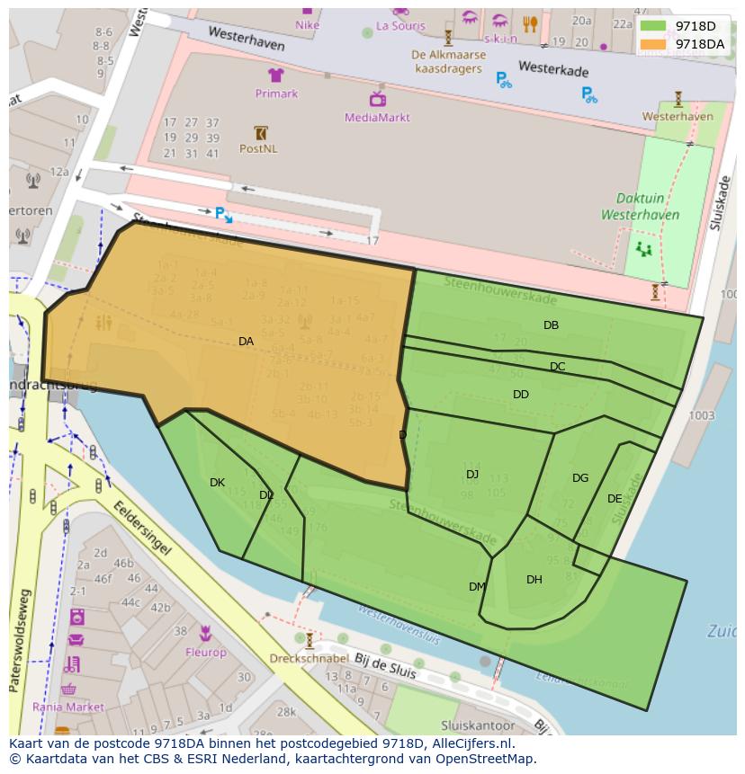 Afbeelding van het postcodegebied 9718 DA op de kaart.