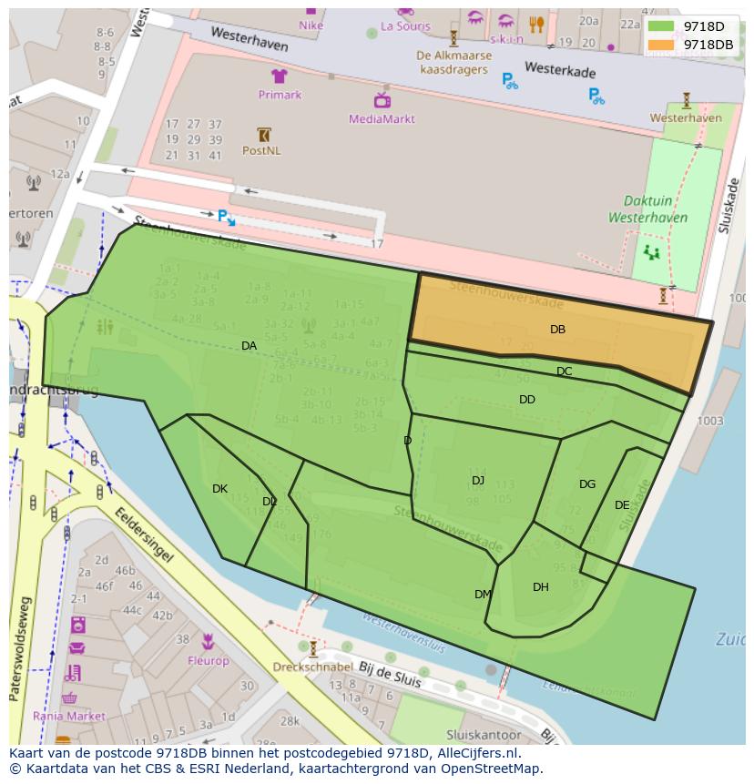 Afbeelding van het postcodegebied 9718 DB op de kaart.