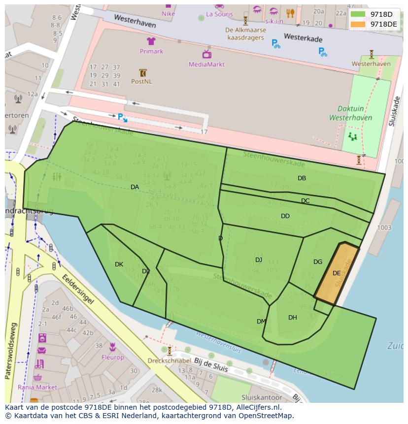 Afbeelding van het postcodegebied 9718 DE op de kaart.