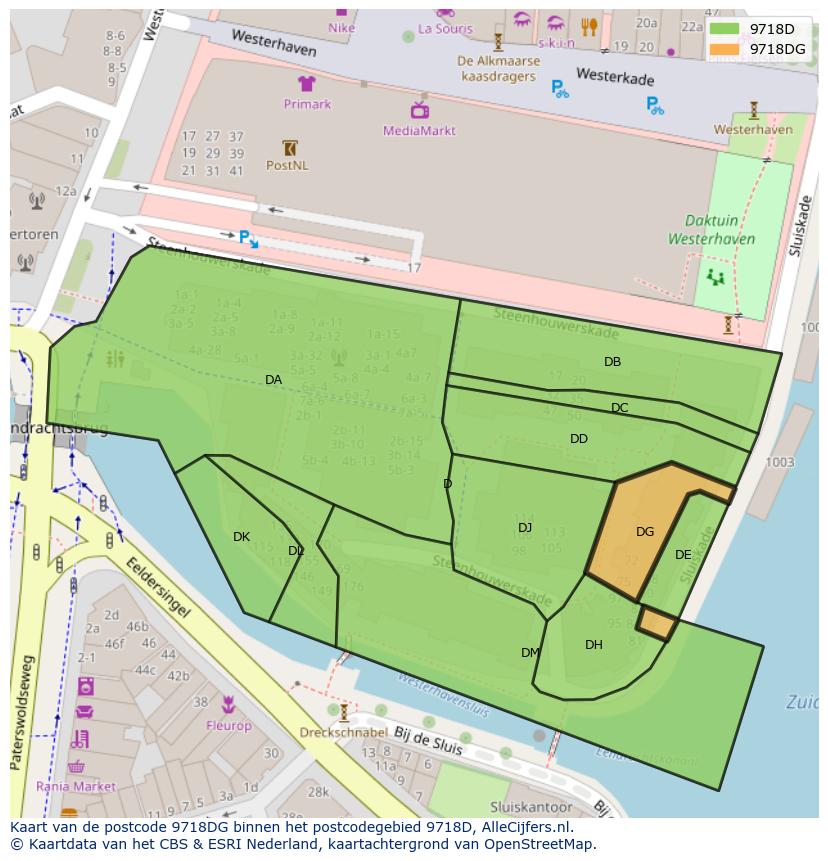 Afbeelding van het postcodegebied 9718 DG op de kaart.