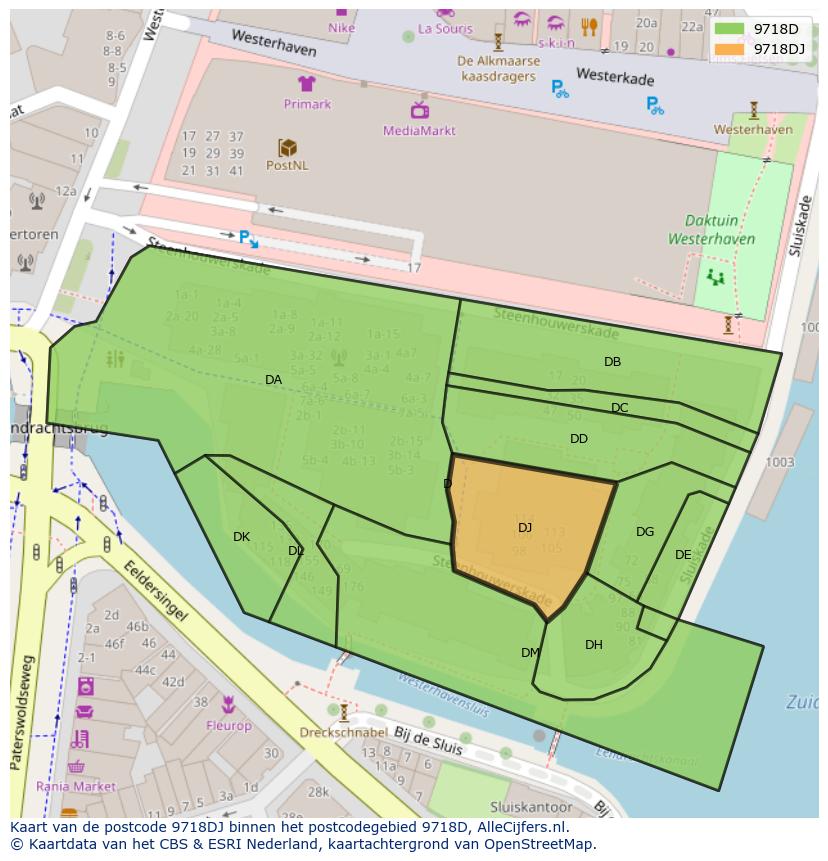 Afbeelding van het postcodegebied 9718 DJ op de kaart.