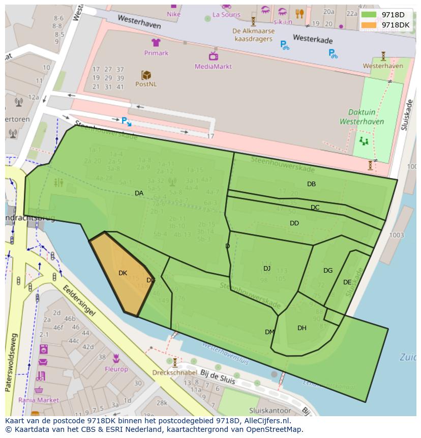 Afbeelding van het postcodegebied 9718 DK op de kaart.