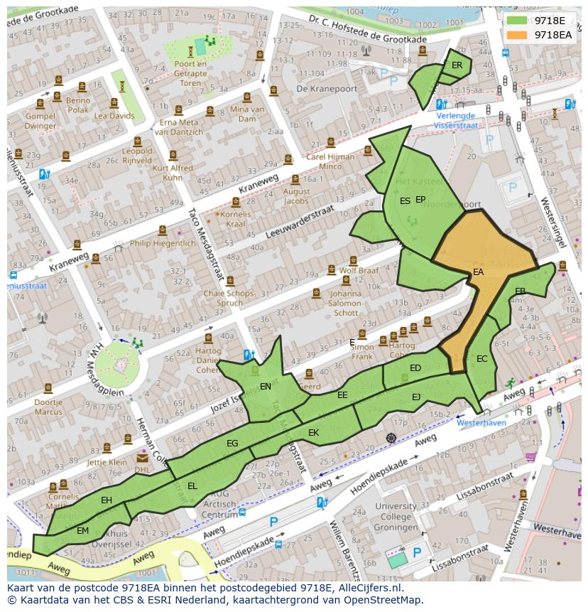 Afbeelding van het postcodegebied 9718 EA op de kaart.