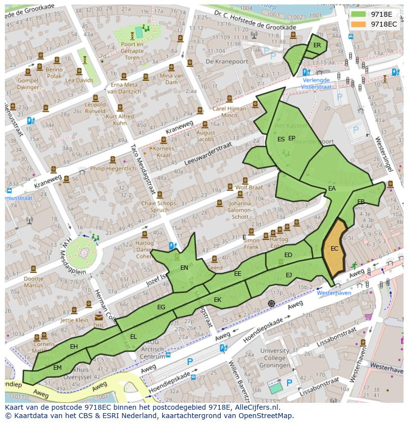 Afbeelding van het postcodegebied 9718 EC op de kaart.