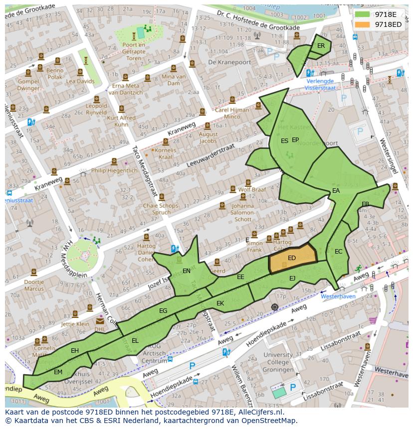 Afbeelding van het postcodegebied 9718 ED op de kaart.