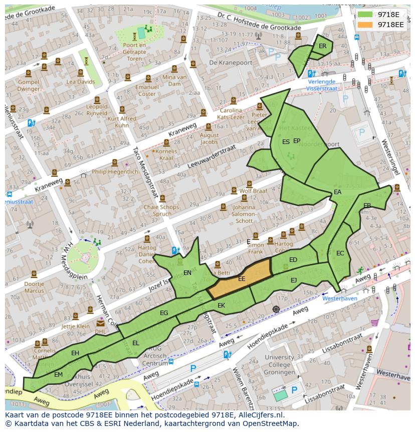 Afbeelding van het postcodegebied 9718 EE op de kaart.