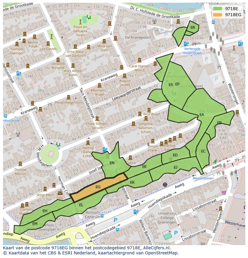 Afbeelding van het postcodegebied 9718 EG op de kaart.