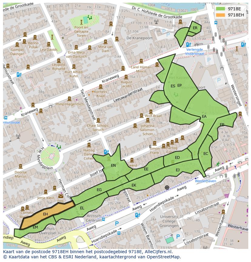 Afbeelding van het postcodegebied 9718 EH op de kaart.