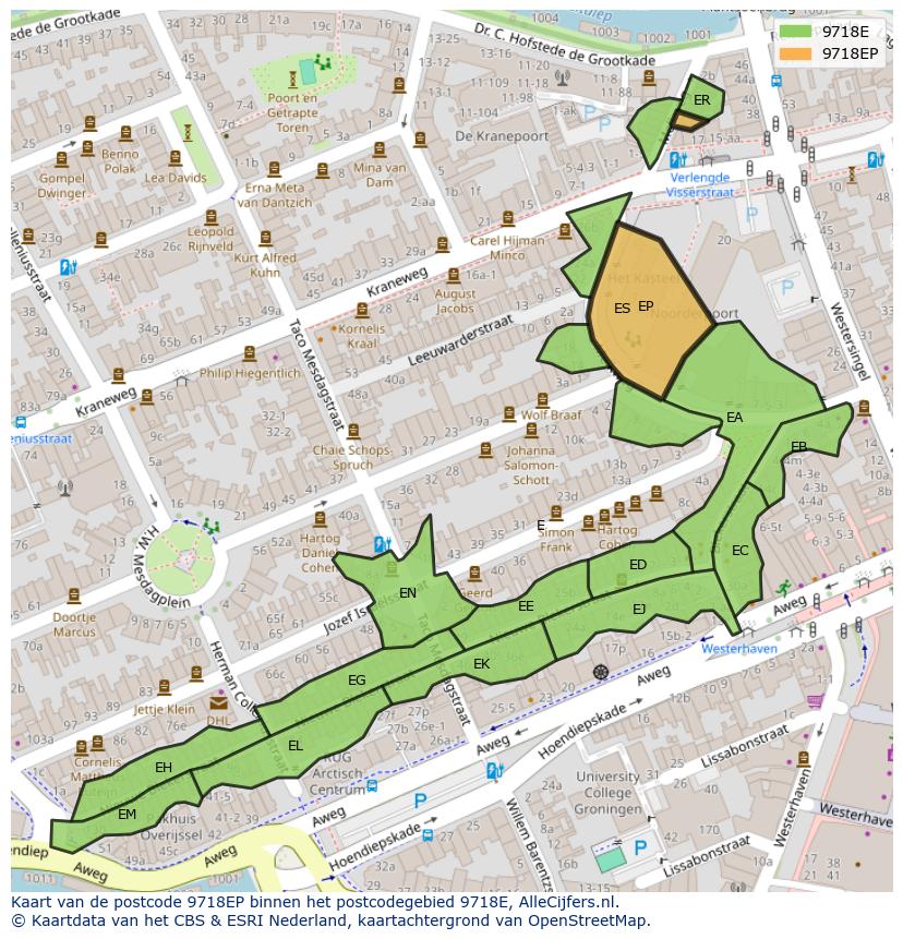 Afbeelding van het postcodegebied 9718 EP op de kaart.