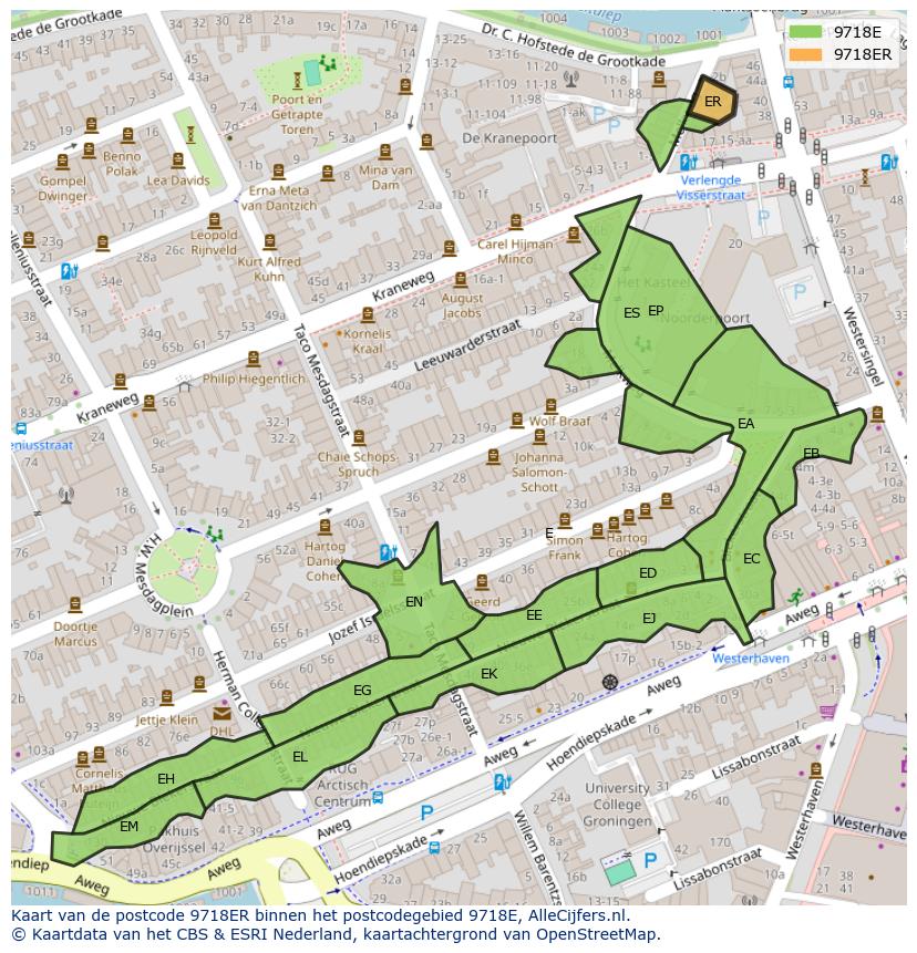 Afbeelding van het postcodegebied 9718 ER op de kaart.
