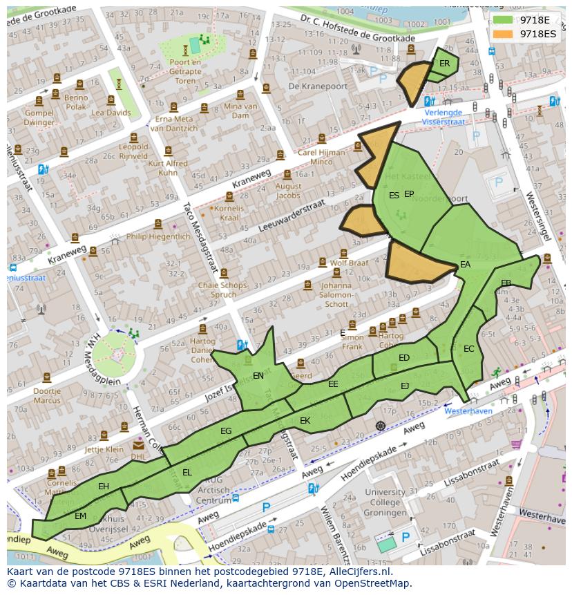 Afbeelding van het postcodegebied 9718 ES op de kaart.
