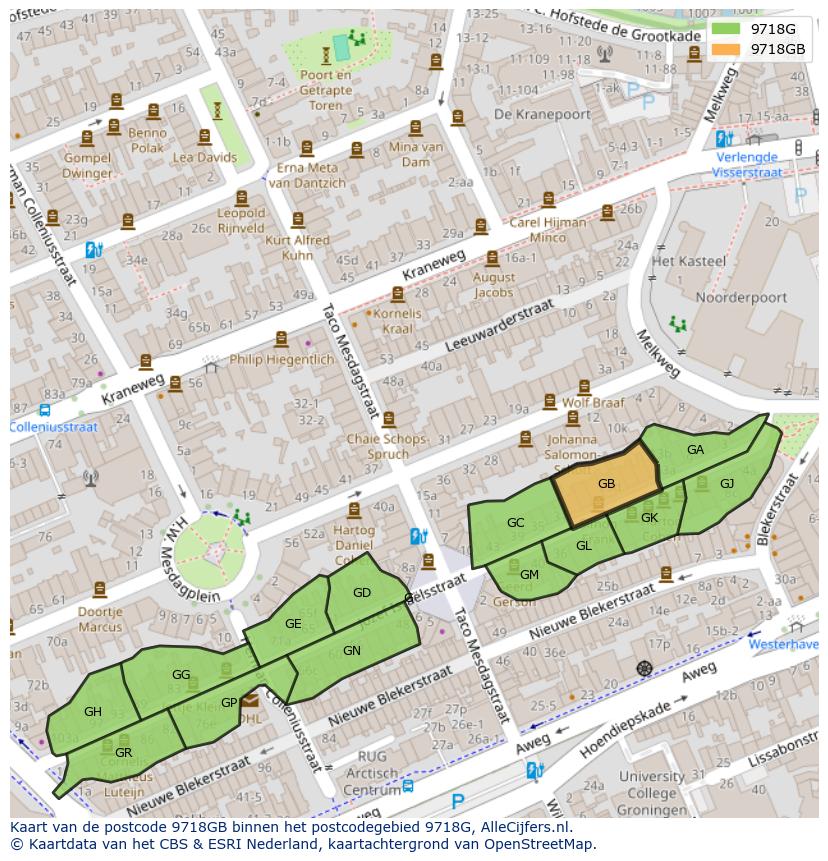 Afbeelding van het postcodegebied 9718 GB op de kaart.