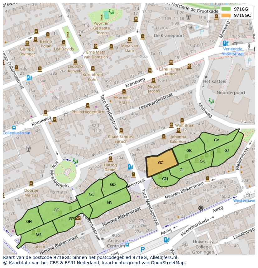 Afbeelding van het postcodegebied 9718 GC op de kaart.