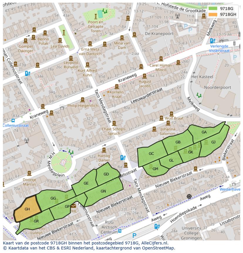 Afbeelding van het postcodegebied 9718 GH op de kaart.