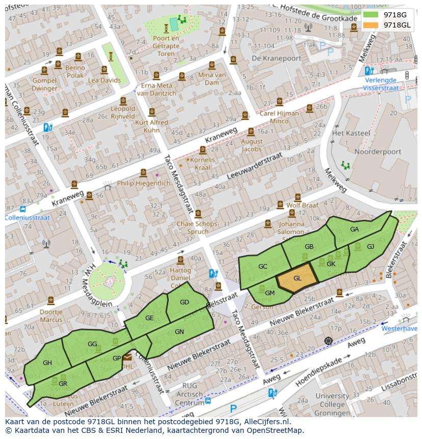 Afbeelding van het postcodegebied 9718 GL op de kaart.