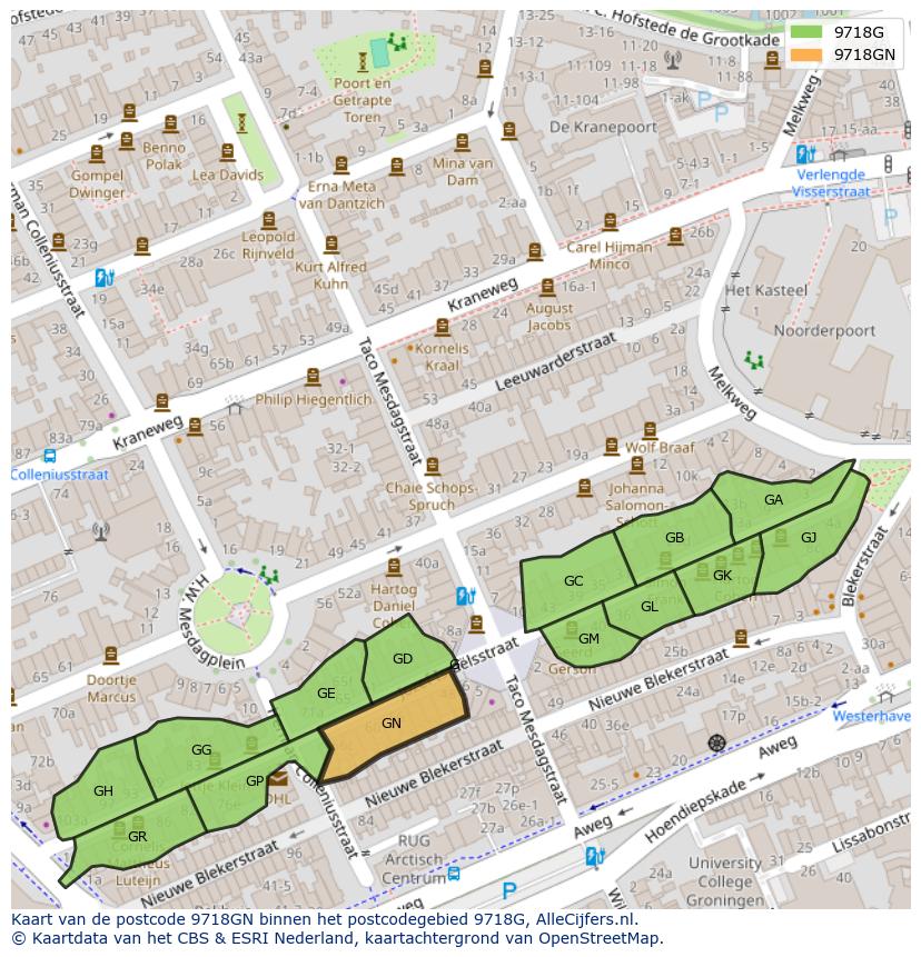 Afbeelding van het postcodegebied 9718 GN op de kaart.